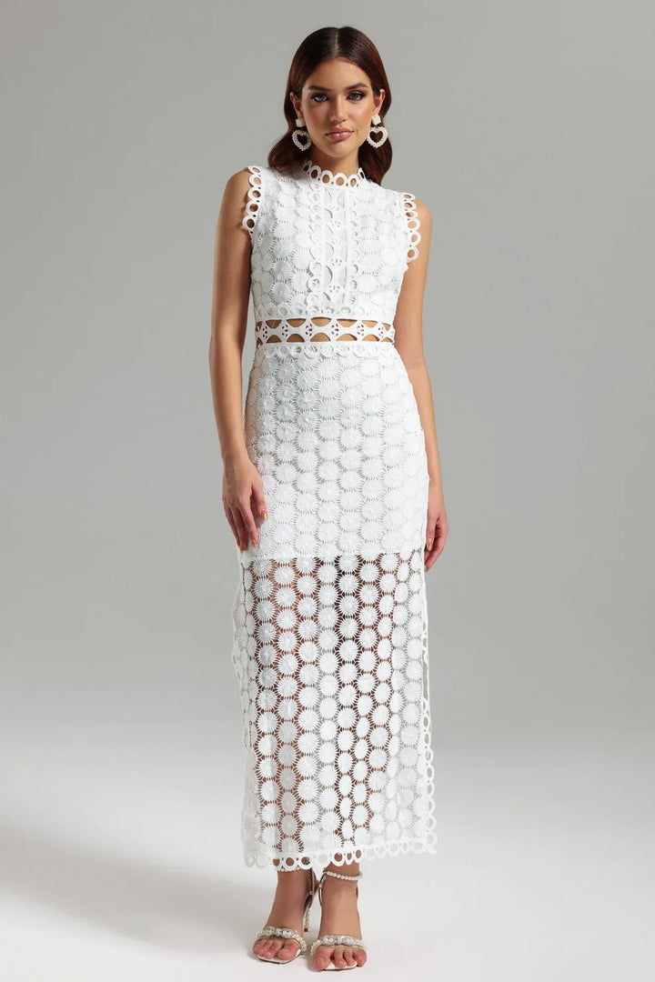Damen Elegantes Spitzen-Maxikleid mit transparenten Einsätzen und dekorativen Rüschendetails Drune