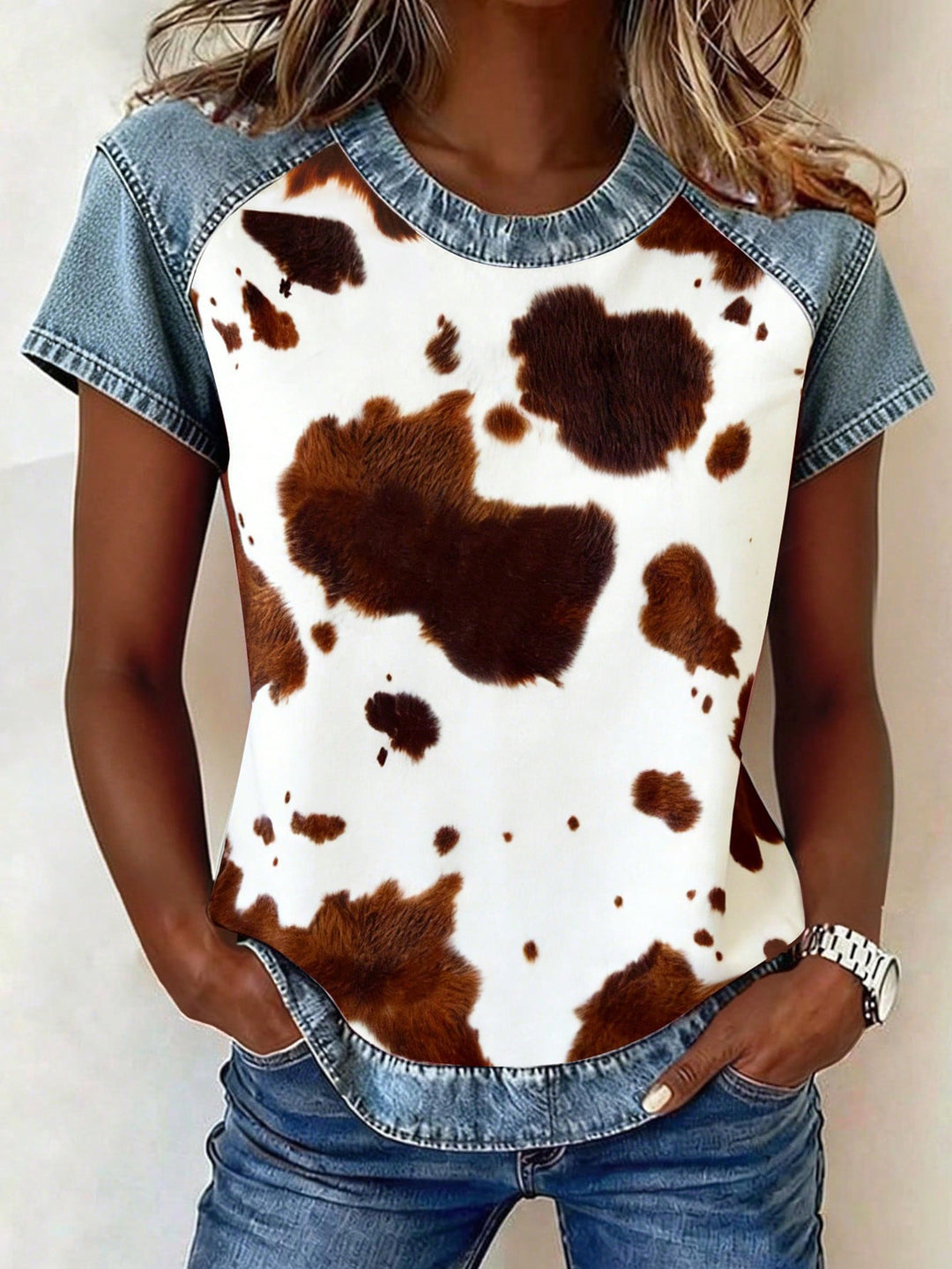 Damen Kurzarmshirt mit Jeans-Einsätzen und Teddy-Patchprint Drune