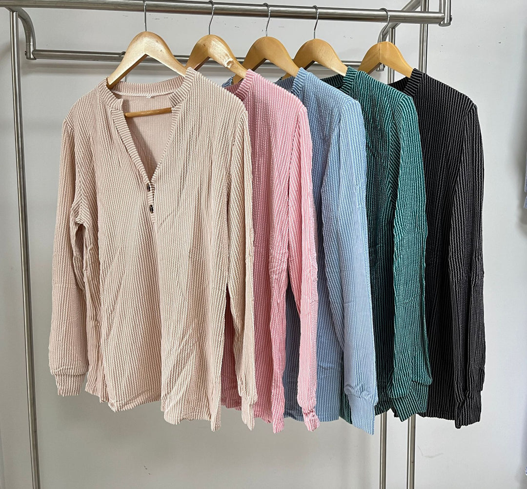 Damen Langarmshirt mit modischem Henley-Ausschnitt und strukturierter Ripptextur Drune