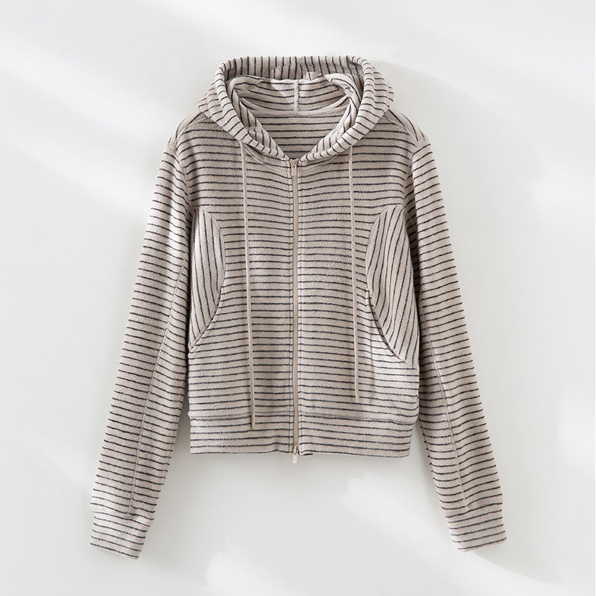 Damen Gestreifte Kapuzen-Zip-Strickjacke mit Eingrifftaschen und schmalem Rippbündchen Drune