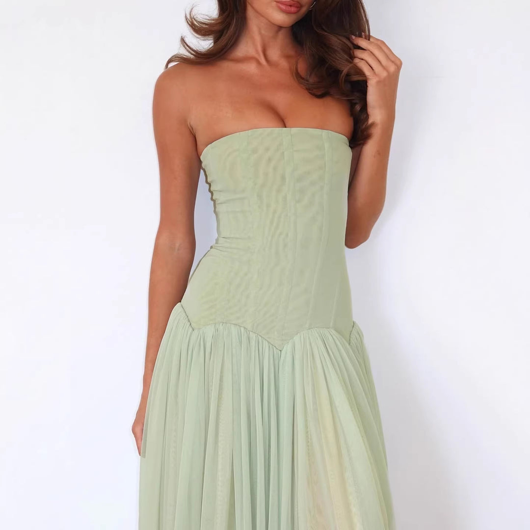 Damen Strapless Maxikleid mit elegantem Tüllrock und figurbetontem Oberteil Drune