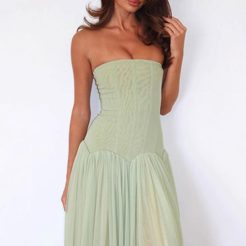Damen elegantes, trägerloses Maxikleid mit fließendem Tüllrock Drune