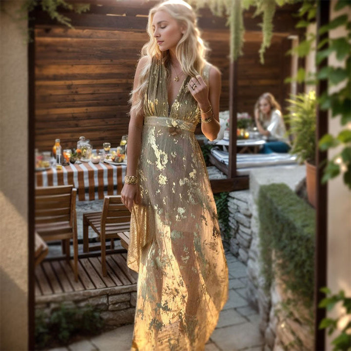 Damen Elegantes Maxi-Kleid mit filigranem Goldmuster und V-Ausschnitt Drune