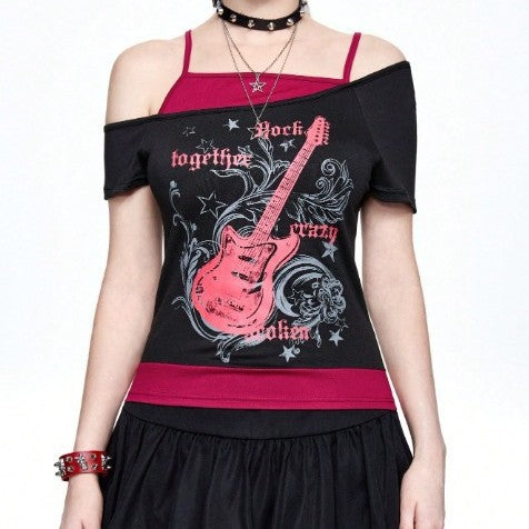 Damen Asymmetrisches Rock-T-Shirt mit grafischem Druck Drune