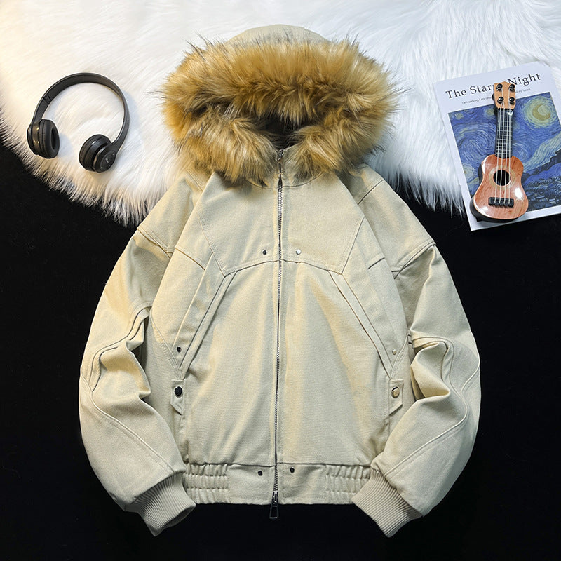 Unisex Wattierte Bomberjacke mit großer Kapuze und Kunstfellbesatz Drune