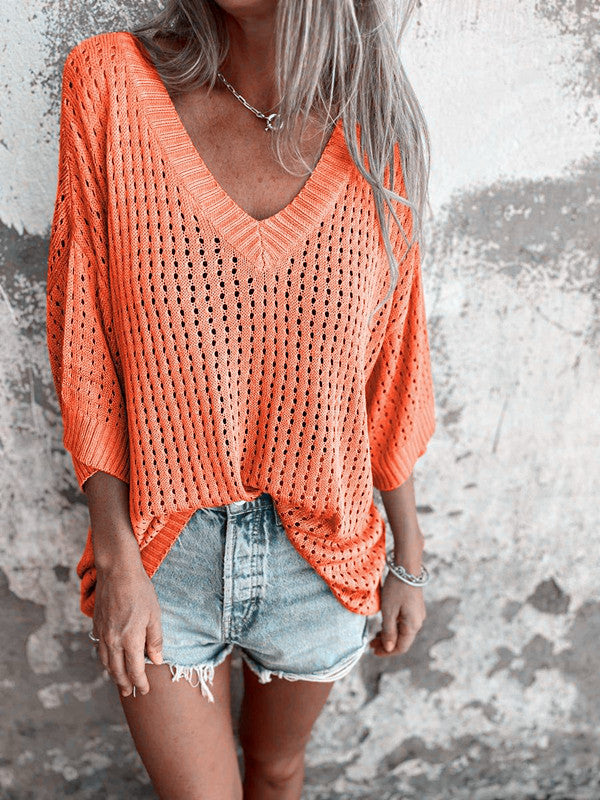 Damen nan luftig gestrickter V-Ausschnitt Pullover im Oversize-Schnitt Drune