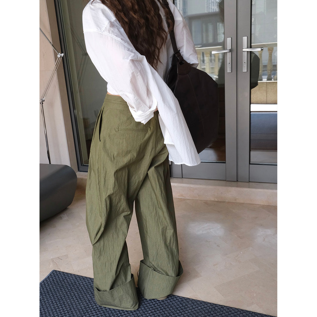 Damen Weite High‑Waist Palazzohose mit Tunnelzug, Bundfalten und extra weitem Bein Drune