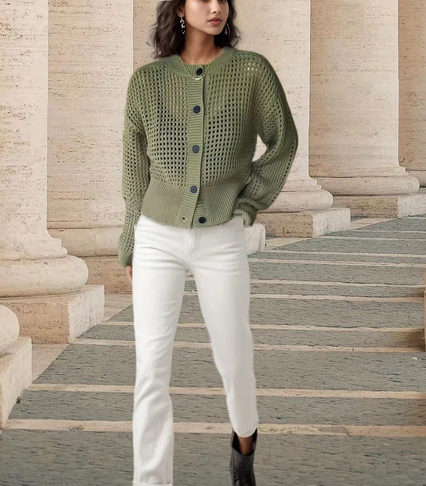 Damen Strickjacke mit offenem Netzdesign und großen Knöpfen Drune