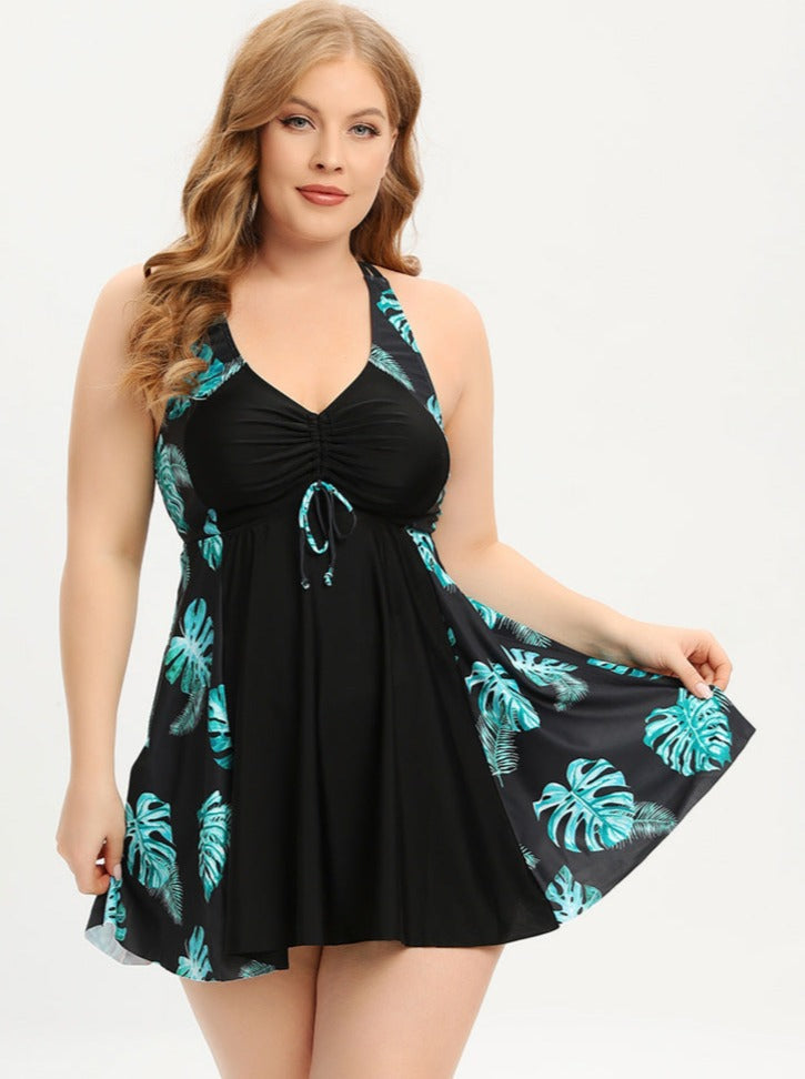 Drune | Plus Size V-Ausschnitt Badeanzugkleid mit Kreuzträgern