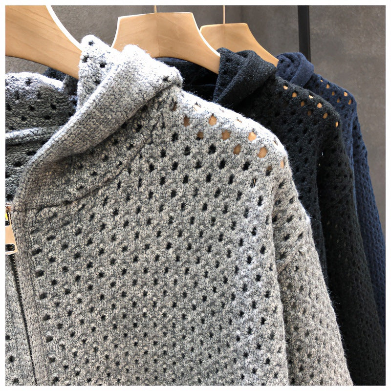 Unisex Leichte Lochstrick-Kapuzenzipjacke mit Ajourmuster Drune