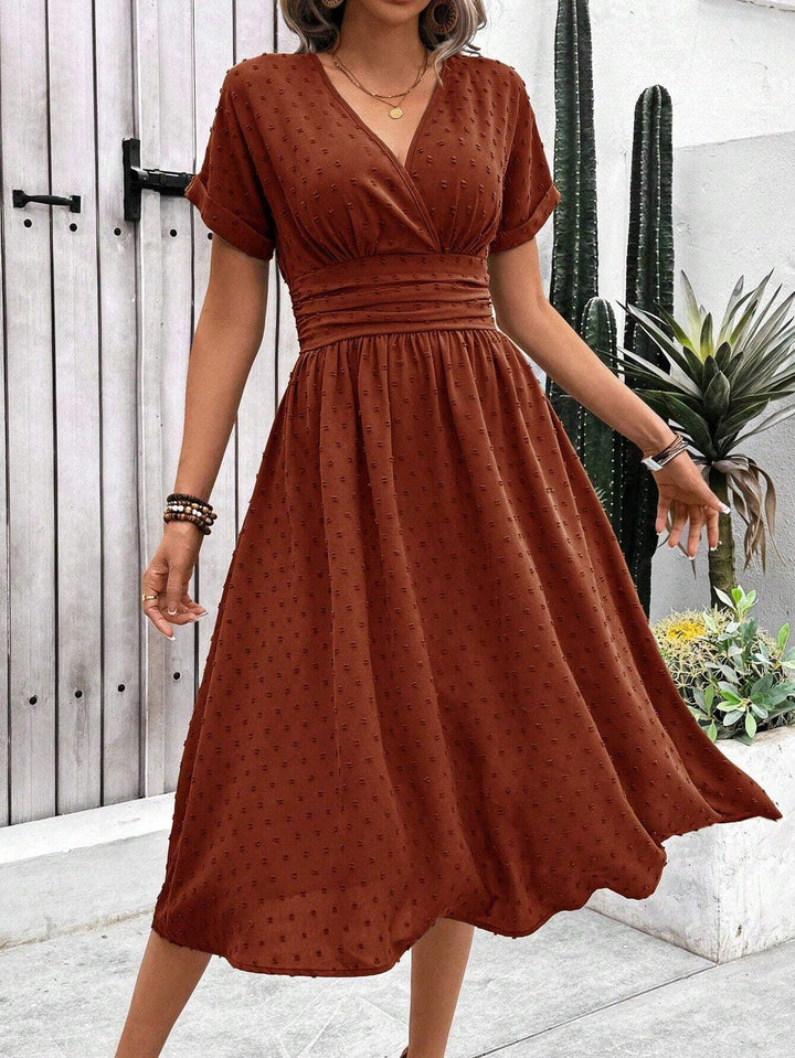 Damen midi Kleid mit gerafftem Oberteil und V-Ausschnitt Drune