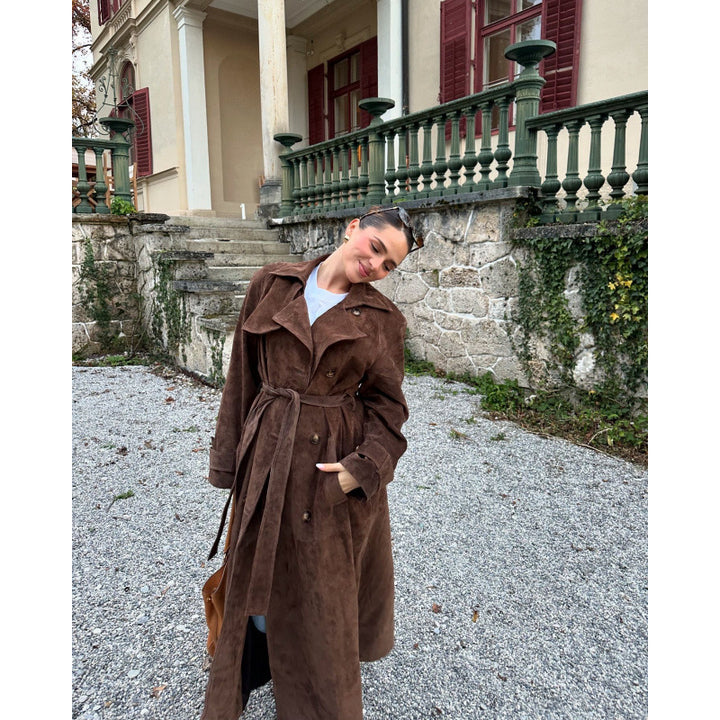 Damen eleganter Long-Trenchcoat aus hochwertigem Wildleder Drune