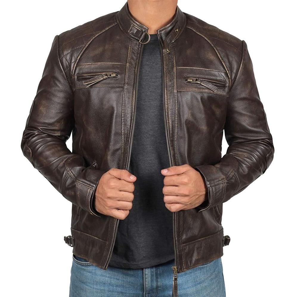 Herren Lederjacke Bikerstil aus echtem Leder mit Stehkragen und Zipper-Taschen Drune