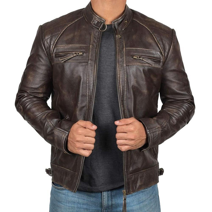 Herren Lederjacke Bikerstil aus echtem Leder mit Stehkragen und Zipper-Taschen Drune