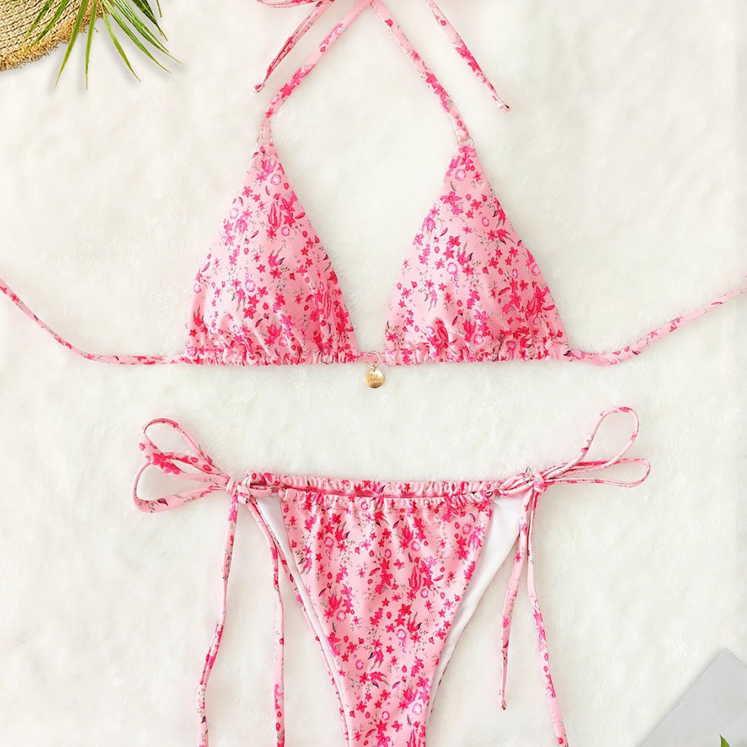 Damen Triangel-Bikini mit floralem Leopardenmuster und verstellbaren Bindebändern Drune