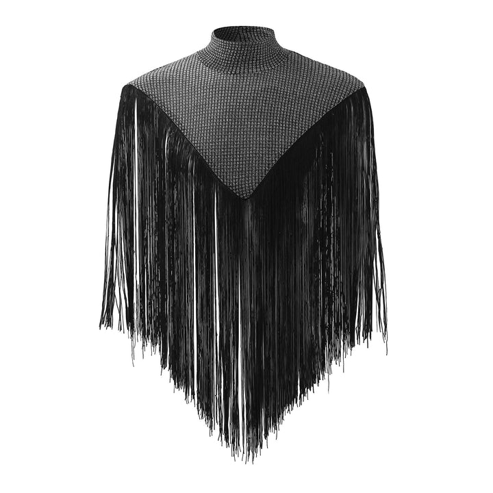Damen nan langes Fransen-Cape mit Rollkragen und V-förmigem Einsatz Drune