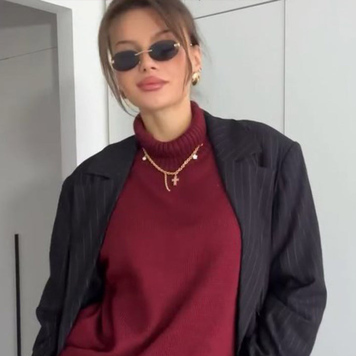 Damen Oversized Pullover mit hohem Kragen aus hochwertiger Baumwolle Drune