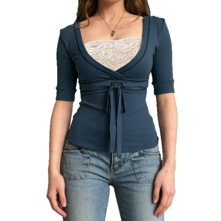 Damen Wickeloberteil mit eleganter Schleife und tiefem V-Ausschnitt Drune