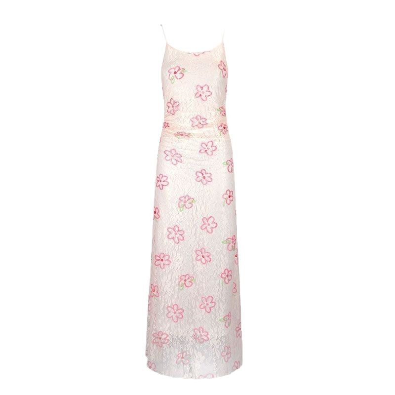 Damen Maxikleid mit floralem Spitzenmuster und verstellbaren Trägern Drune