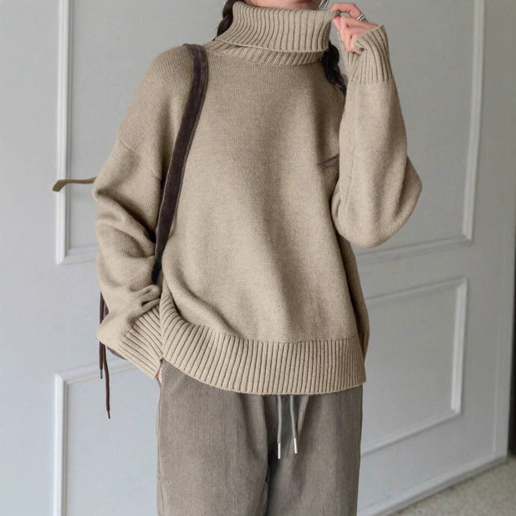 Damen Oversize Rollkragen-Feinstrickpullover mit Raglanärmeln und seitlichen Schlitzen Drune