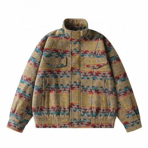 Unisex Kastenförmige Jacquard-Wolljacke im Bomberstil mit Stehkragen, Pattentaschen und elastischem Saum Drune