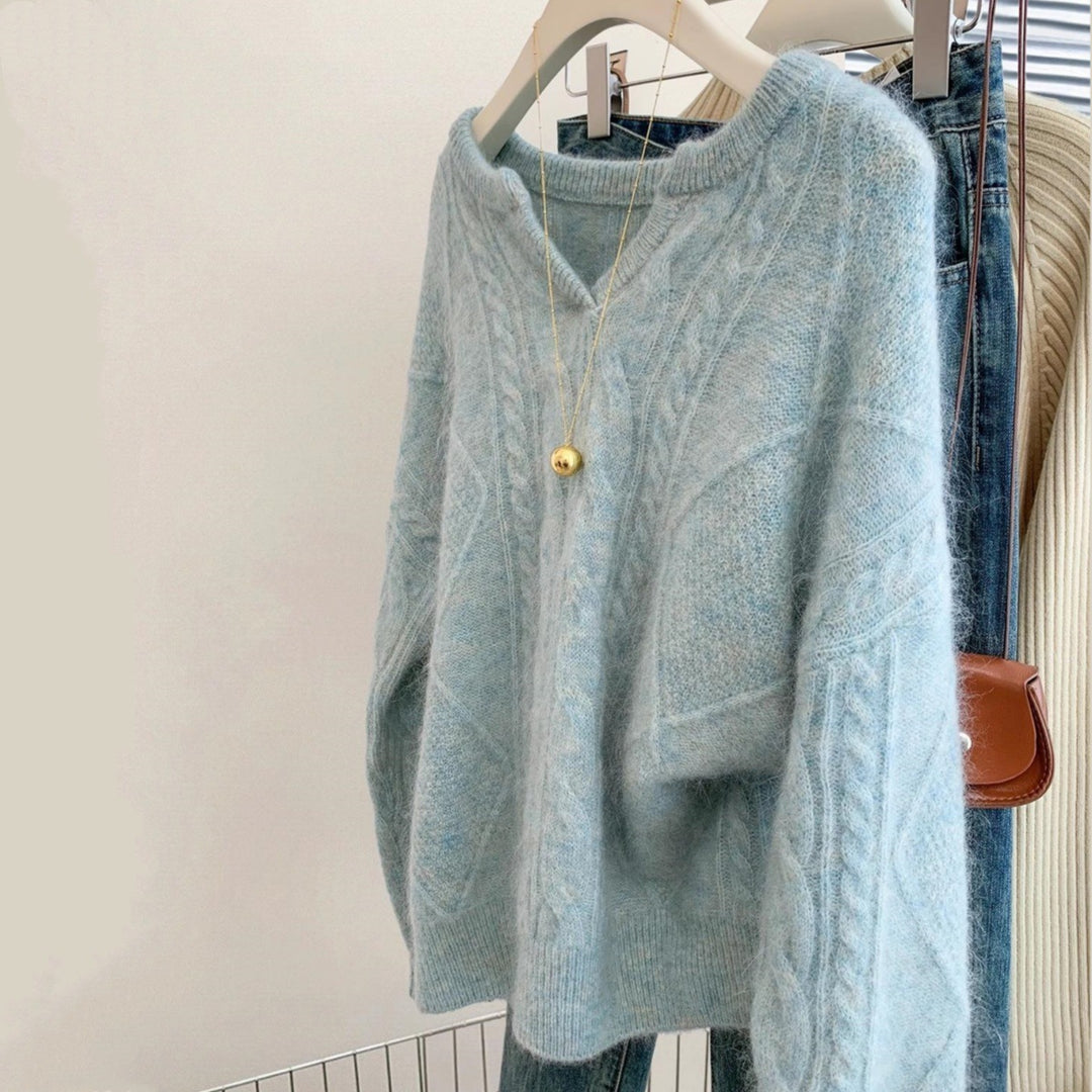 Damen Oversize Mohair-Optik Zopfmusterpullover mit V‑Ausschnitt und überschnittener Schulter Drune