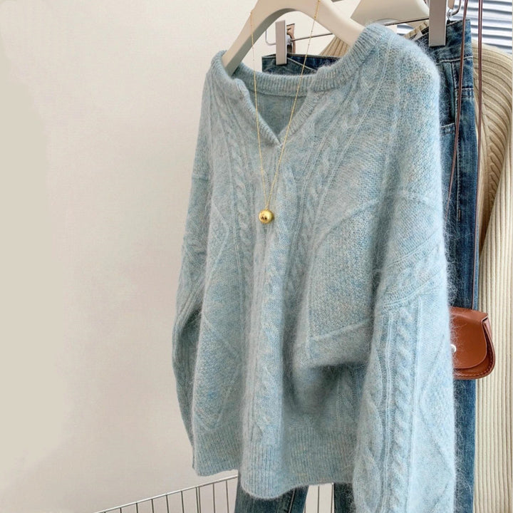 Damen Oversize Mohair-Optik Zopfmusterpullover mit V‑Ausschnitt und überschnittener Schulter Drune