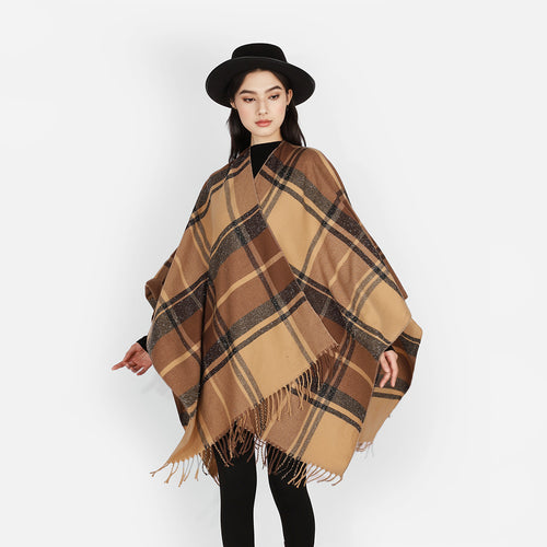 Damen Karierter Cape-Überwurf im Oversize-Stil aus Wollmix mit Fransensaum Drune