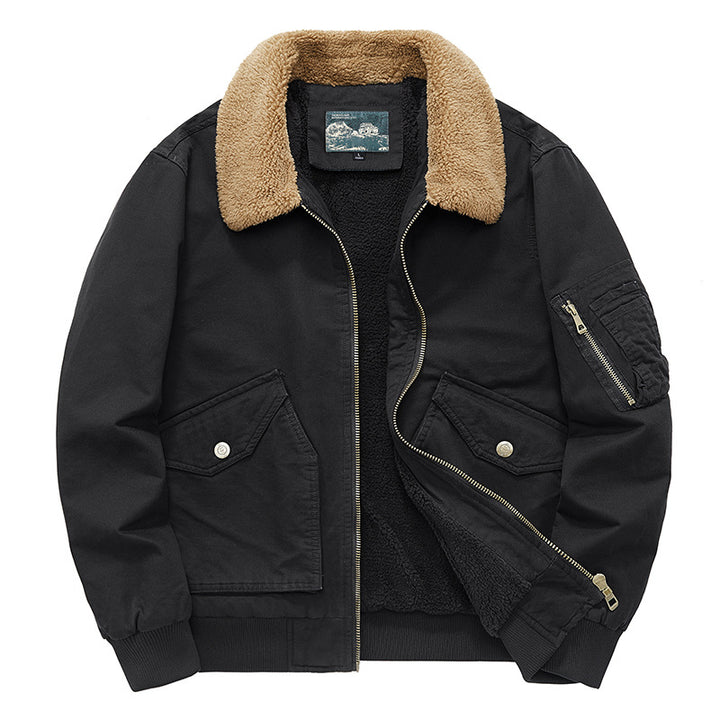 Men's  sherpa-lined cotton canvas aviator jacket with zip sleeve pocket Drune