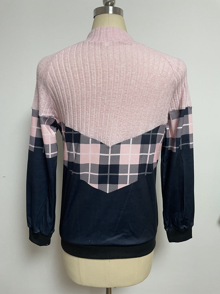 Damen nan weichgriffiger Sweatpullover mit Kurzreißverschluss, Stehkragen und Karopaneel Drune