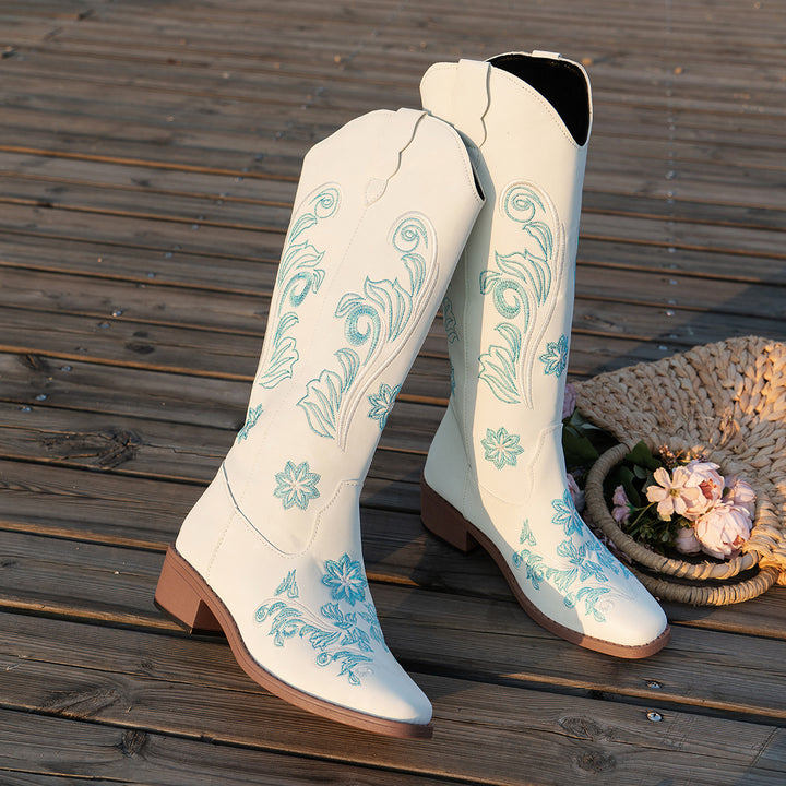 Damen Cowboy-Stiefel mit handgefertigten floralen Details und bequemem Blockabsatz Drune
