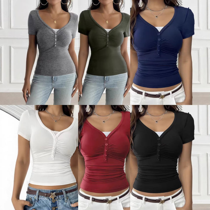 Damen figurbetontes Kurzarmshirt mit Knopfleiste und Raffung Drune