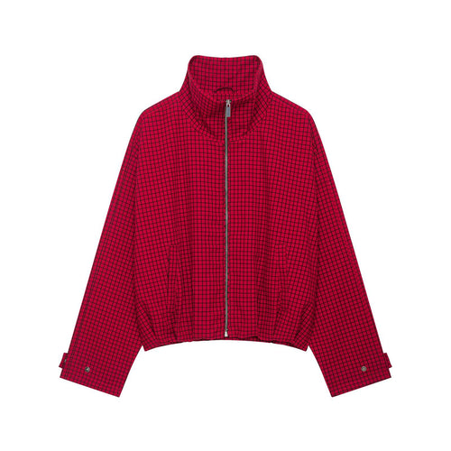 Damen Karierte Cropped-Boxy-Übergangsjacke mit hohem Stehkragen und Reißverschluss Drune