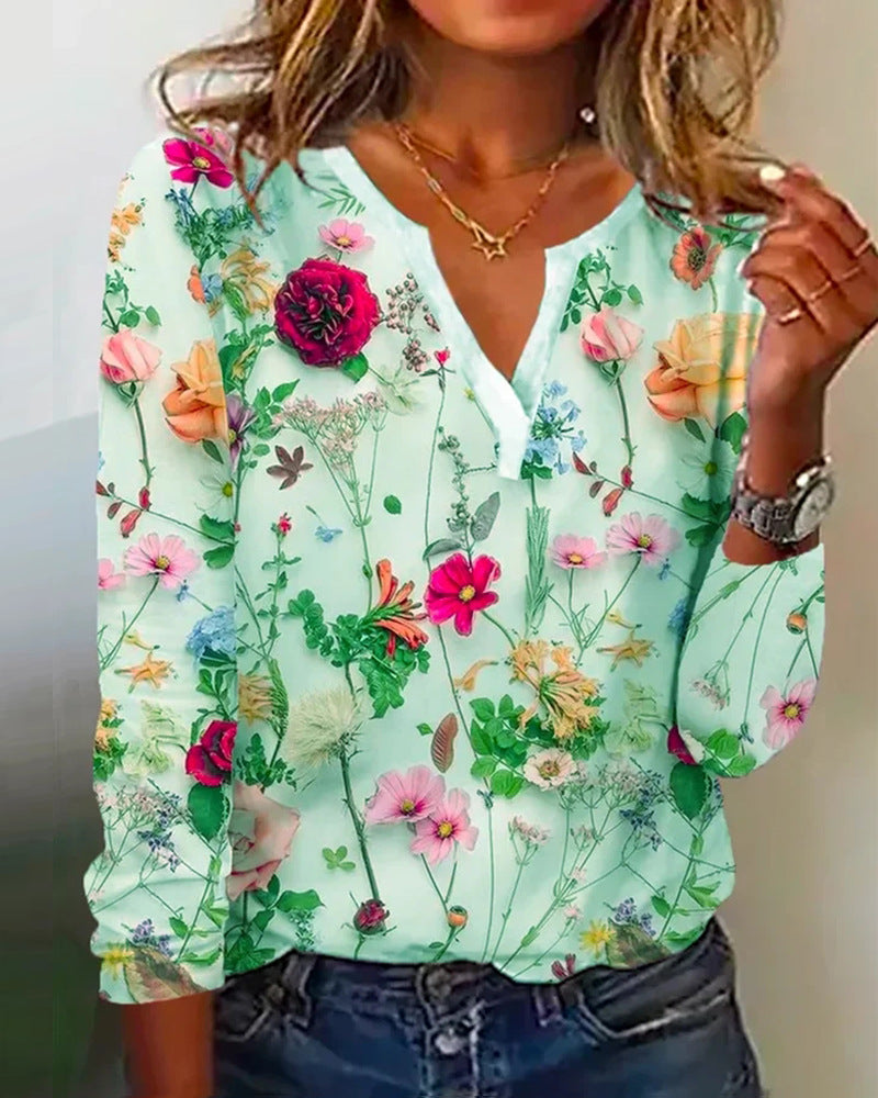 Damen Floral Lange Bluse im Chiffon-Look mit V-Schlitz und Lässiger Silhouette Drune