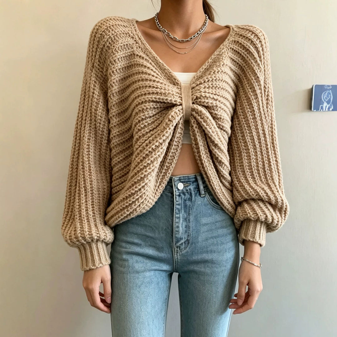 Damen Cropped Strickcardigan mit Knotendetail und Ballonärmeln Drune