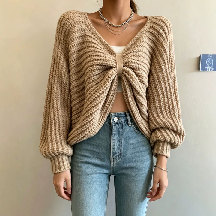 Damen Cropped Strickcardigan mit Knotendetail und Ballonärmeln Drune