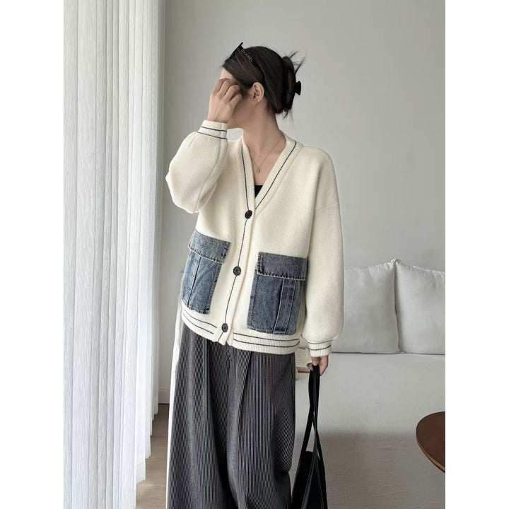Damen modische Strickjacke mit Denim-Details Drune