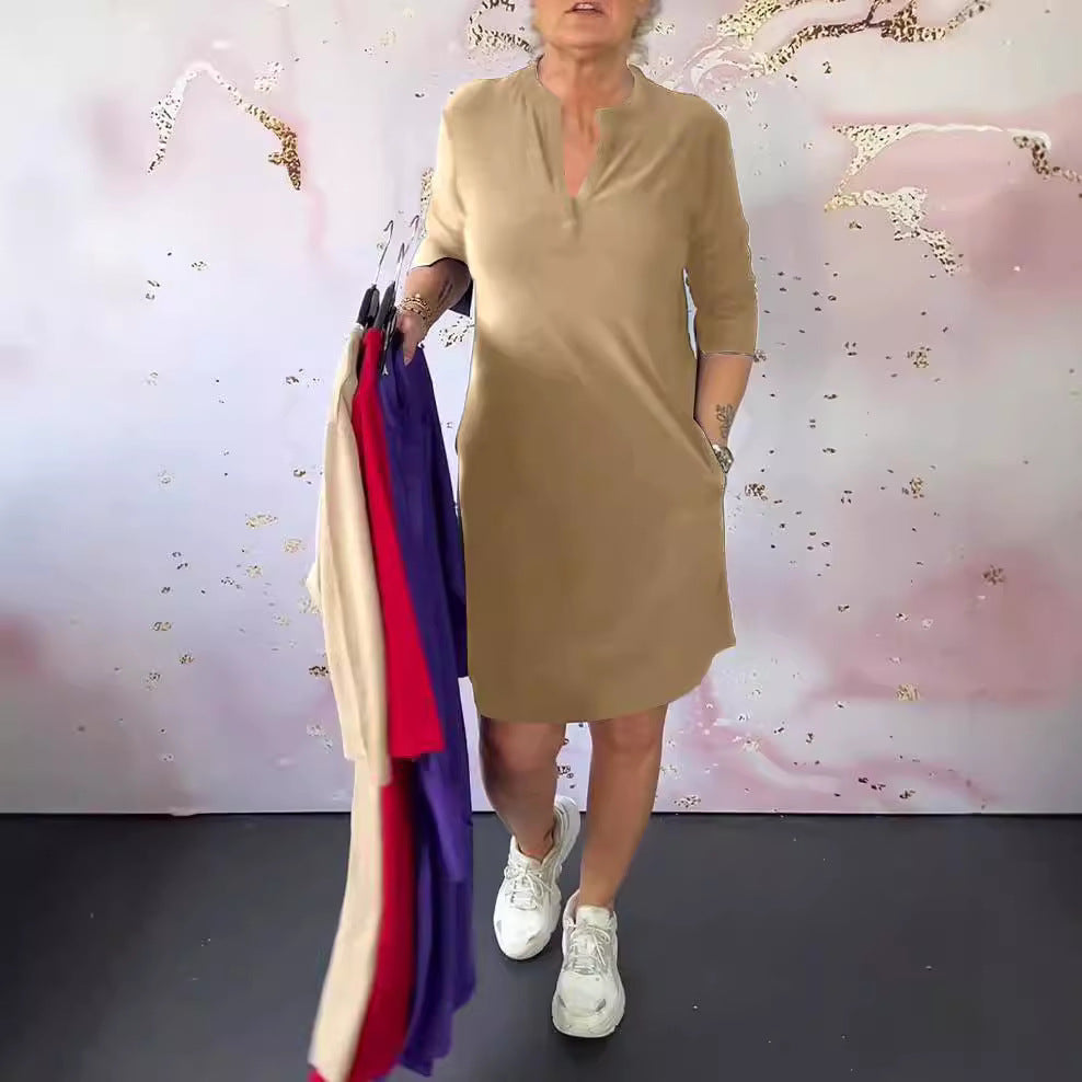 Damen nan legeres knielanges Shiftkleid aus elastischem Jersey mit Stehkragen und V-Ausschnitt Drune