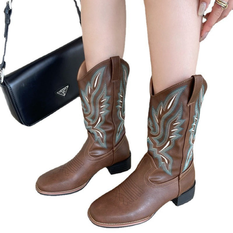Damen Western-Cowboy-Boots mit aufwendiger Stickerei, mittlerer Schafthöhe und robuster Blockabsatz Drune