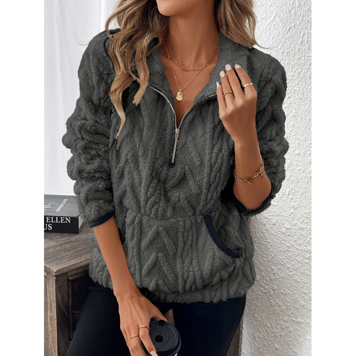 Damen flauschiger Teddy-Pullover mit halbem Reißverschluss und hohen Kragen Drune