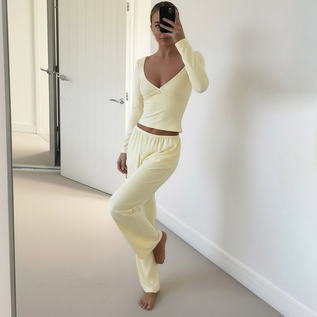 Damen Zweiteiliges Lounge-Set aus weichem Jersey mit Cropped V-Ausschnitt Oberteil und hochtaillierter Palazzohose Drune