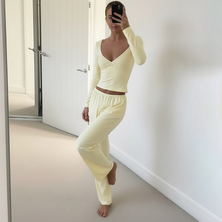 Damen Zweiteiliges Lounge-Set aus weichem Jersey mit Cropped V-Ausschnitt Oberteil und hochtaillierter Palazzohose Drune