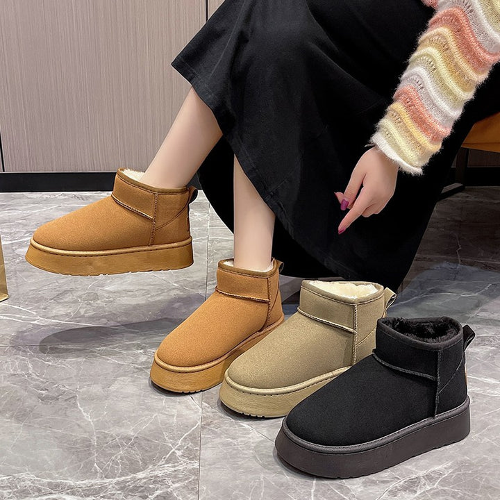 Damen Gefütterte Kurzschaft Winterboots mit Kunstfellfutter Plateau‑Sohle und Pull‑On Drune