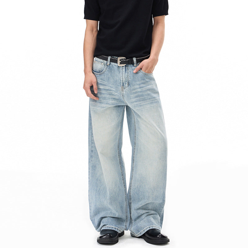 Herren Weitfallende Loose-Palazzo-Denimjeans mit tiefem Schritt und heller Used-Waschung Drune