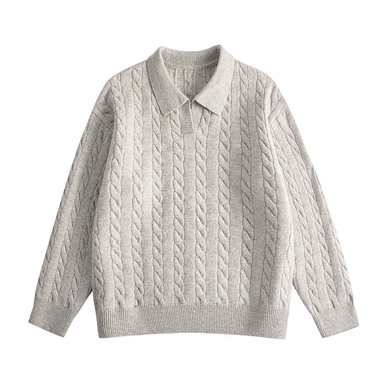 Damen Oversize Kabelstrick-Polo-Pullover mit V‑Ausschnitt und geripptem Saum Drune