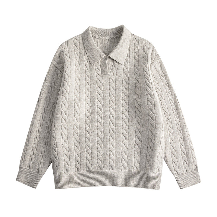 Damen Oversize Kabelstrick-Polo-Pullover mit V‑Ausschnitt und geripptem Saum Drune