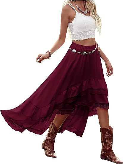 Damen Boho Maxi-Rock mit asymmetrischem Saum und Spitzenverzierungen Drune