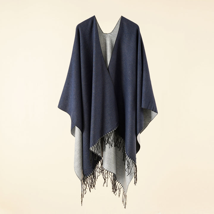 Damen Großer Ruana‑Poncho aus feinem Wollmix mit Fransen und offenem Fall Drune