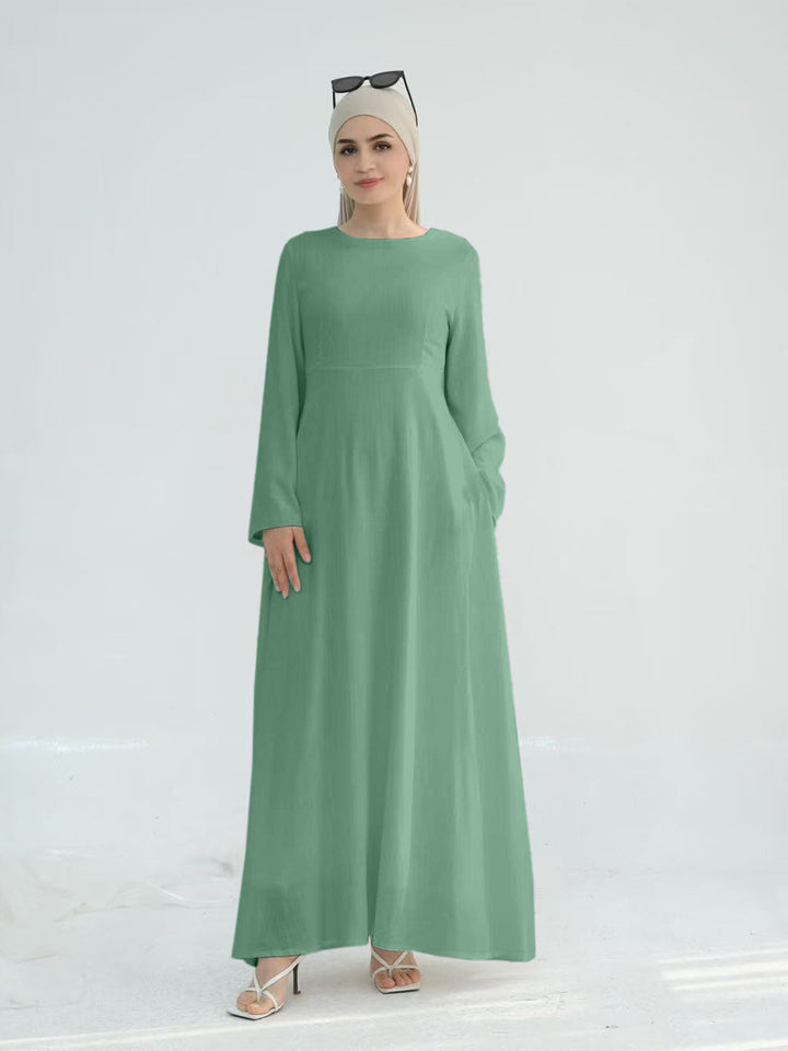 Damen elegantes Maxikleid mit langen Ärmeln und seitlichen Taschen Drune
