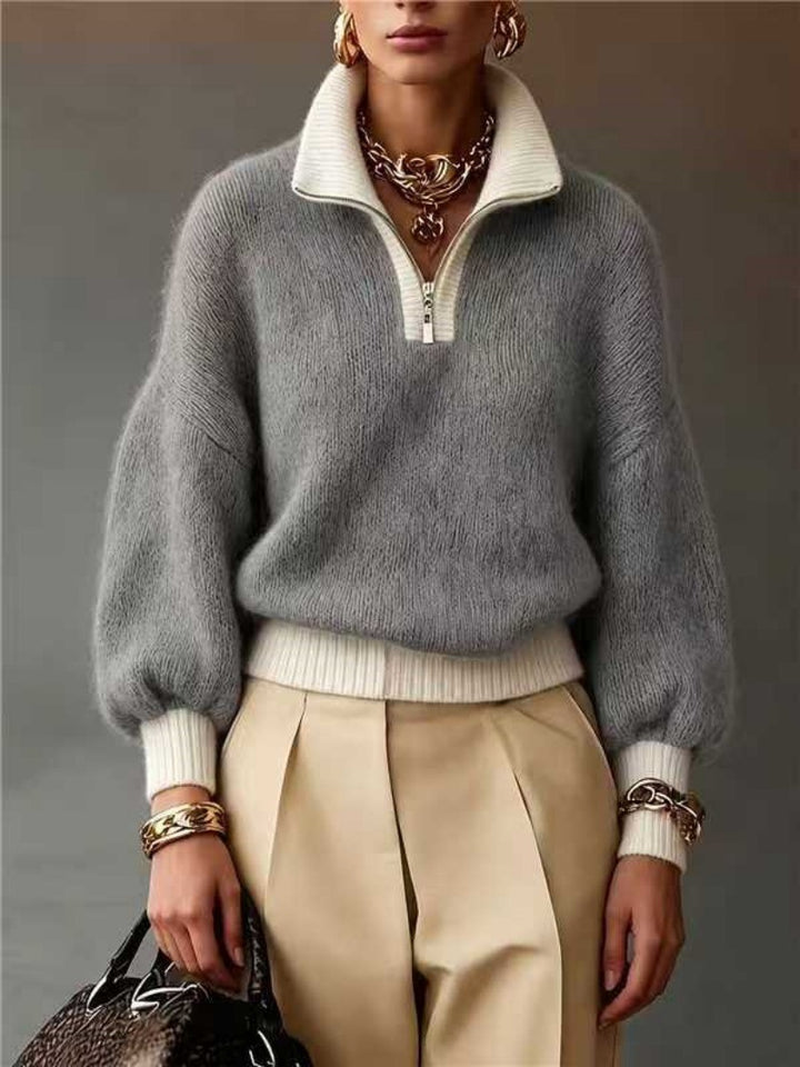 Damen Flauschiger Pullover mit halbem Reißverschluss, Stehkragen und Ballonärmeln Drune
